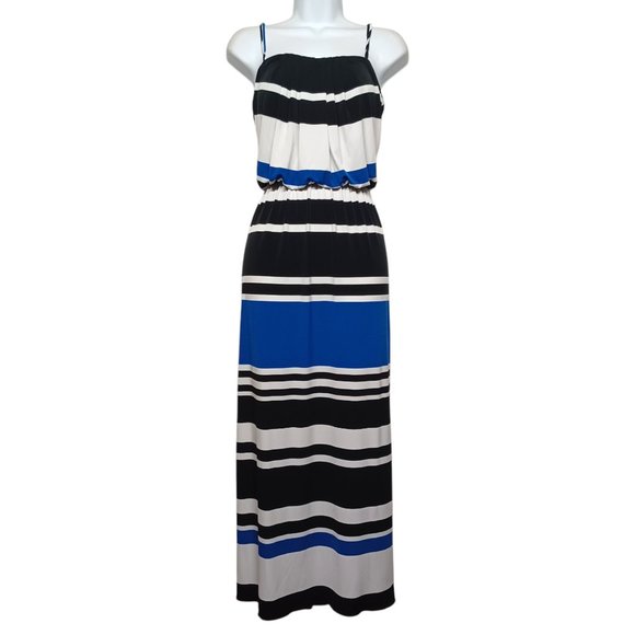 ENFOCUS STUDIO Dress 8 Medium Black Blue White Stripe Print Sleeveless Maxi - Picture 1 of 9